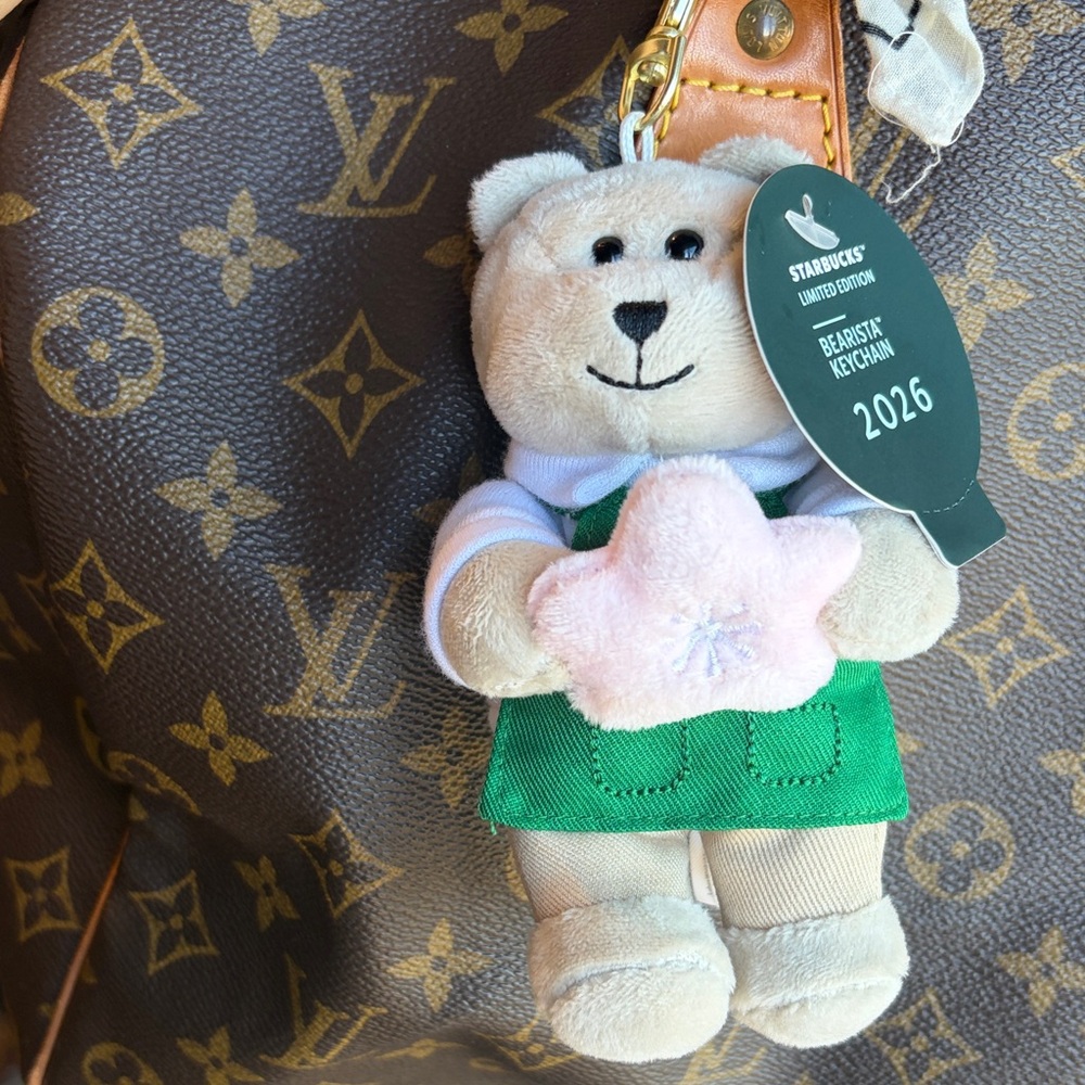Starbucks Bearista Keychain with Green Apron and Pink Star